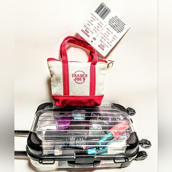 Nwt Trader Joe's Micro Zip Red Tote + Clear Glitter Rolling Suitcase Luggage Set - Picture 5 of 6